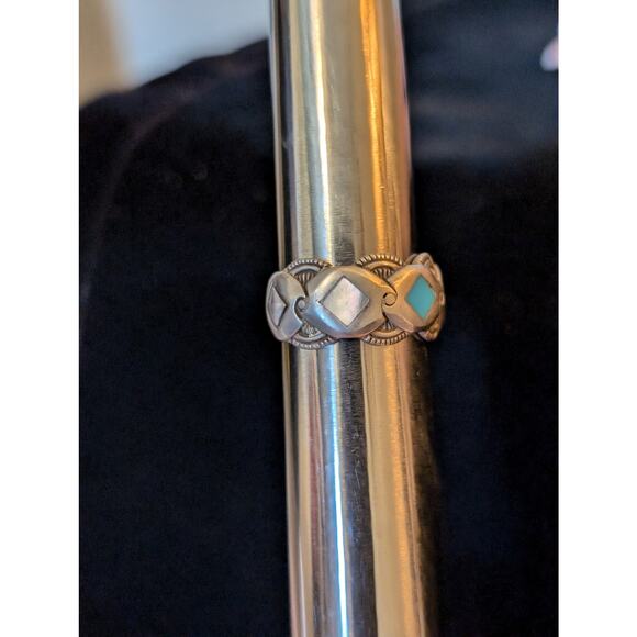 Vintage Signed 925 Sterling Turquoise & MOP Diamond Inlay Band Ring Size 6.75 - Picture 7 of 10